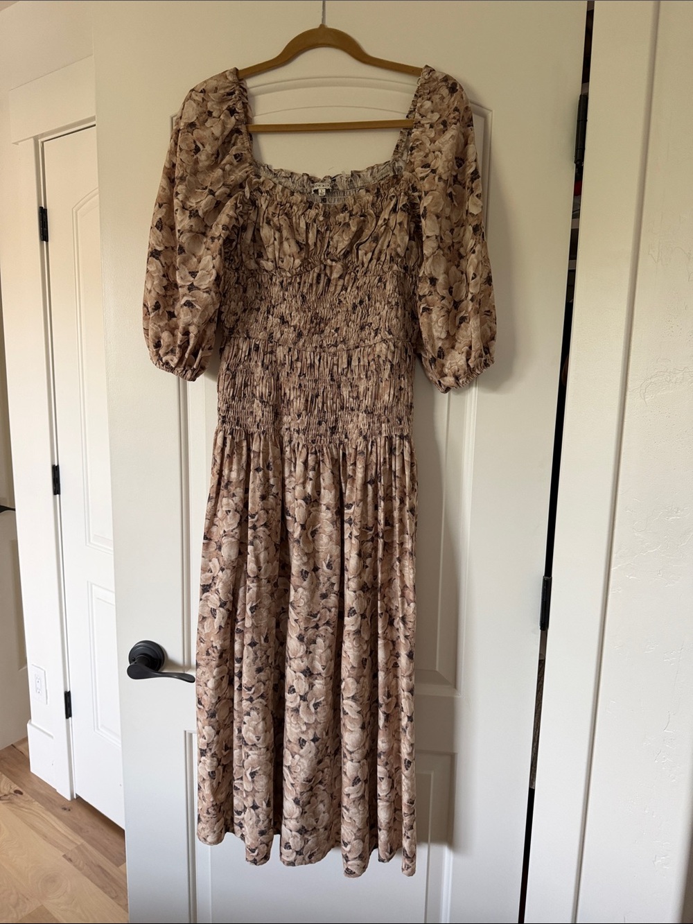Moon River Beige Floral Smocked Midi Dress with Puff Sleeves